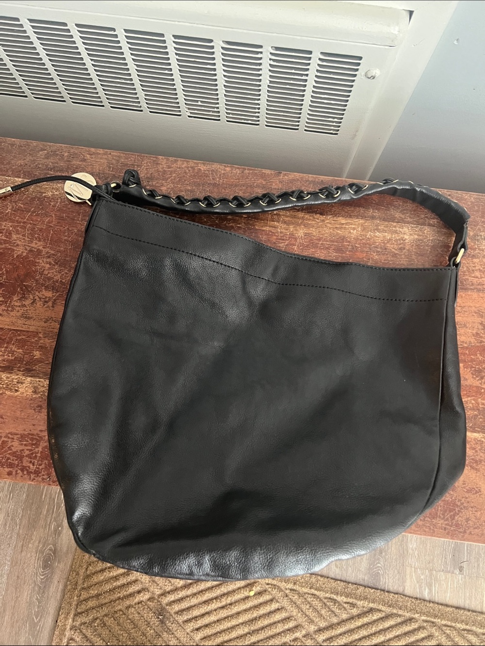 Stuart Weitzman Black Leather Shoulder Hobo with Braided Strap and Gold Charm